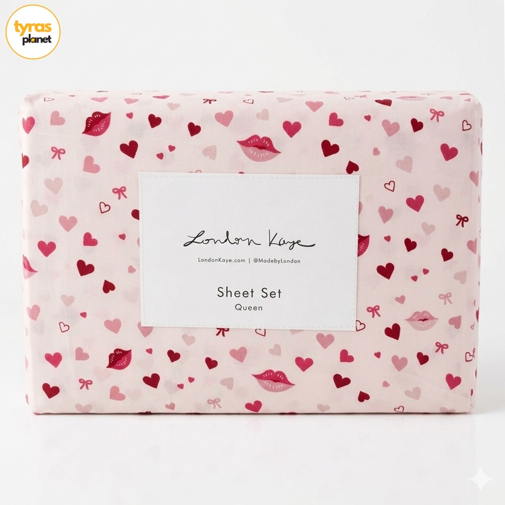 London Kaye Queen Sheet Set Pink Red Hearts Lips Bows 4 Piece Romantic Bedding